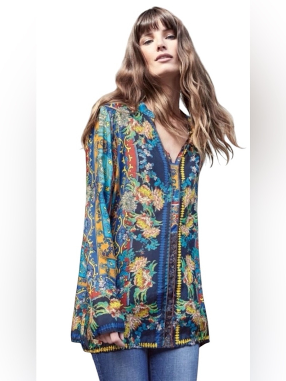 Johnny Was Multicolor Floral V-Neck Boho long sleeve Tunic 100% silk size small